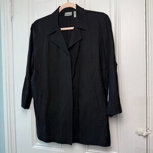 Chicos Linen Blend Top Womens Large Black Jacket Button Up Long Sleeve Collared